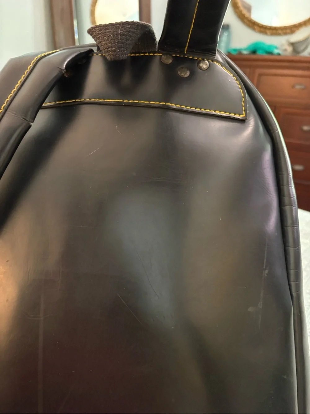 Rare Vintage Dr. Martens Black PVC Box Backpack Yellow Stitch Sole-Print Zipper